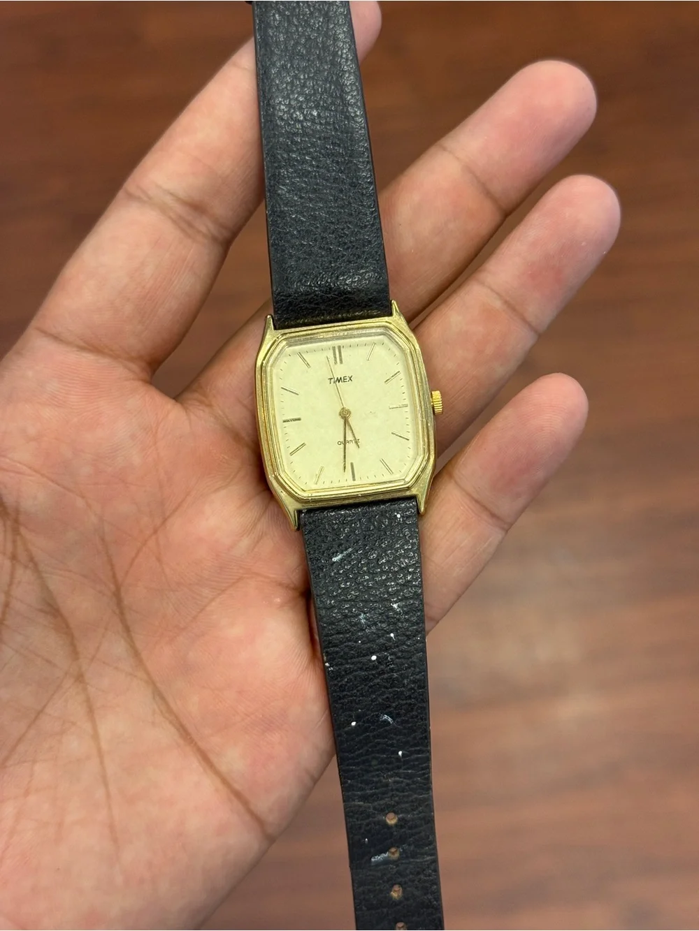 Timex vintage  Gold-Tone Case Watch with Black Leather Strap